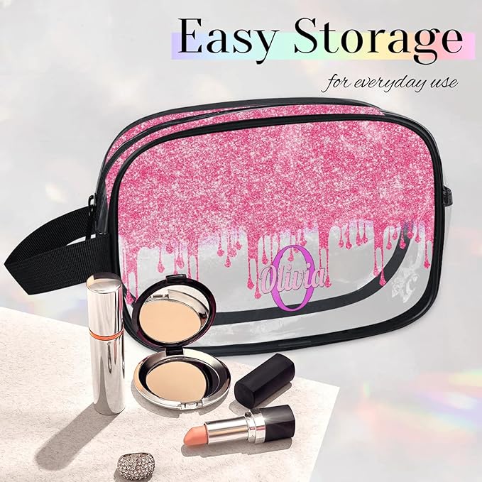 KFNHN Customized Travel Makeup Toiletry Bag, PVC Transparent Waterproof Large Cosmetic Bag Makeup Shaving Bag Organizer Case, Hot Pink Curtain Glittery