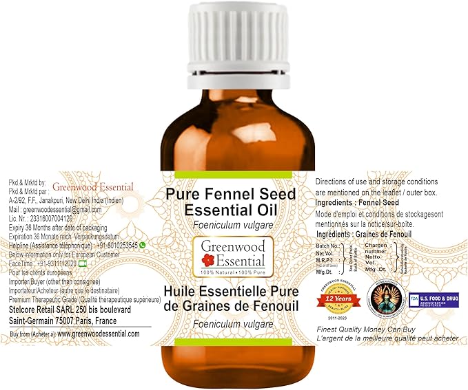 Greenwood Essential Pure Fennel Seed Essential Oil (Foeniculum vulgare) Steam Distilled 10ml (0.33 oz)