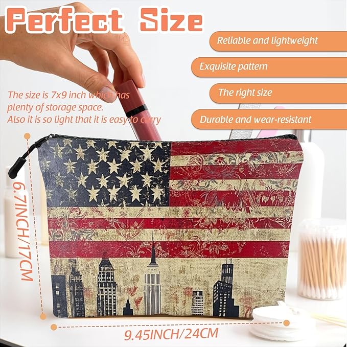 Scribesense Cosmetic Bags Travel Makeup Toilet Case Waterproof Pouch for Women Girls 6.7X9.45inches - American Flag And Urban Skyline Fusion