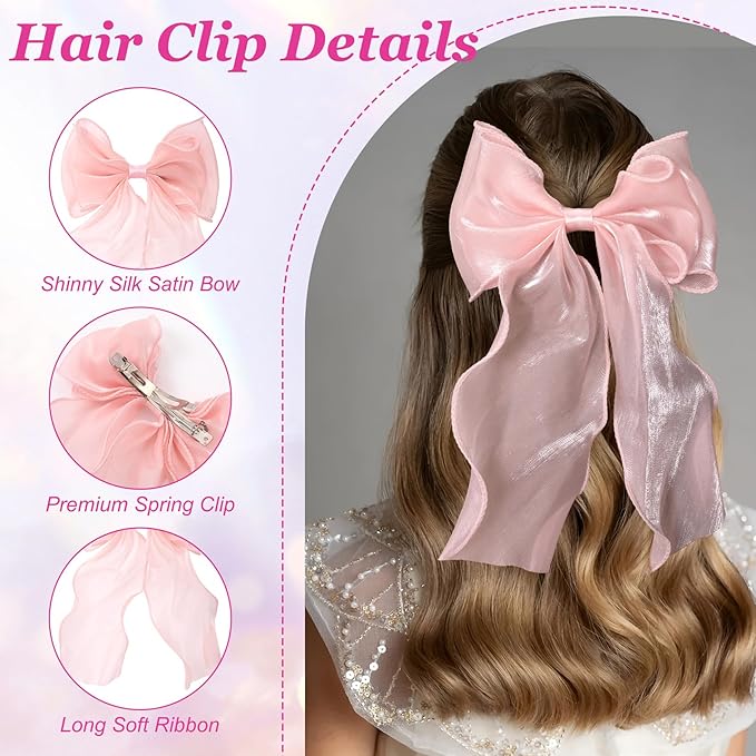 SmallCat 2Pcs Large Hair Bow Clips, Pink Silk Lace Ribbon Bow for Women, Elegant Long Tail Bowknot French Hair Styling Barrette for Wedding, Parties, Daily Use