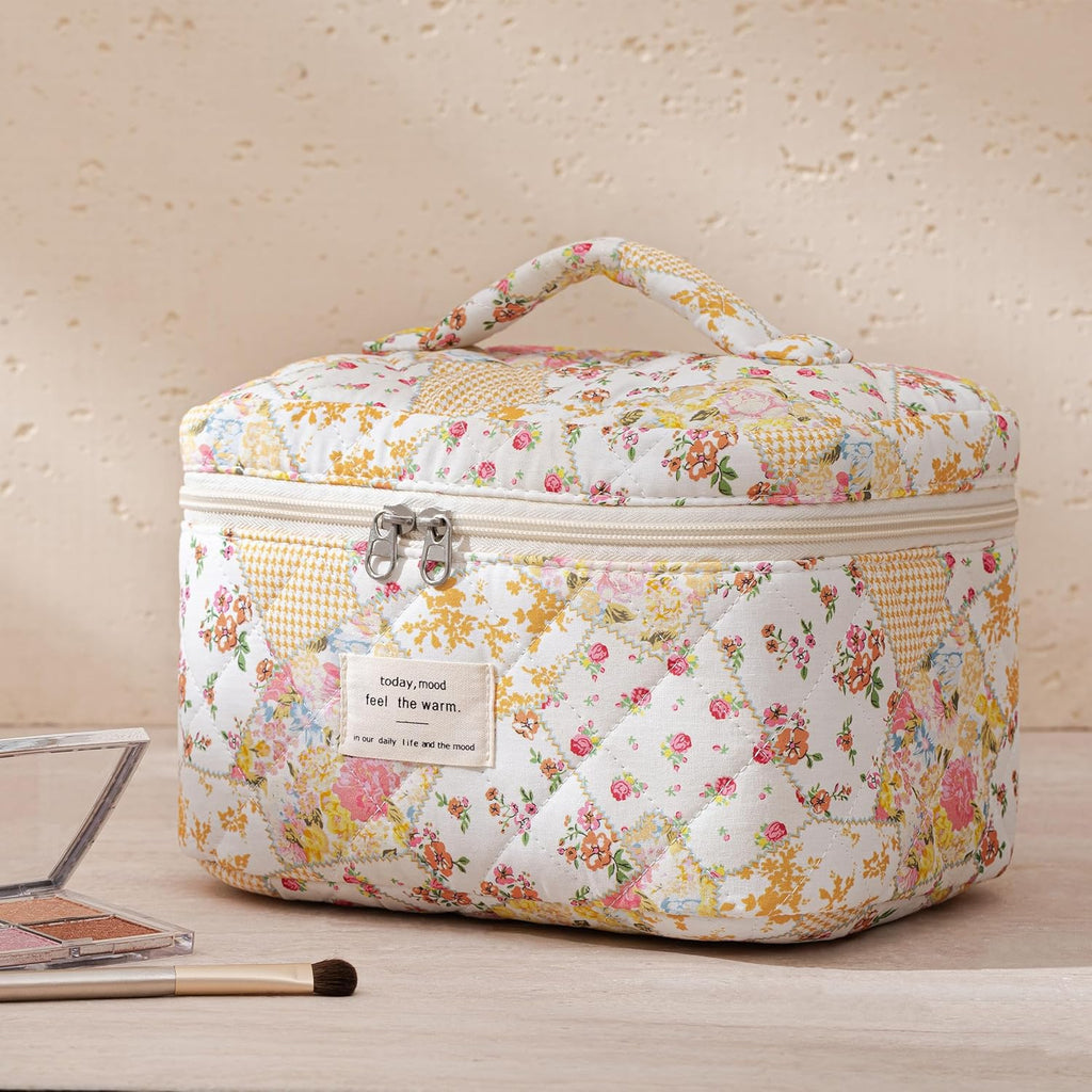 HBselect Quilted Makeup Bag, 3Pcs Cotton Large Travel Makeup Bags Organizer