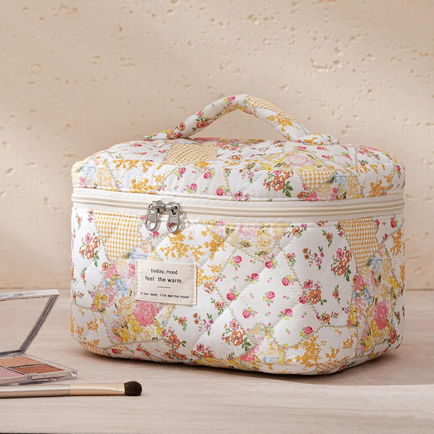 HBselect Quilted Makeup Bag, 3Pcs Cotton Large Travel Makeup Bags Organizer