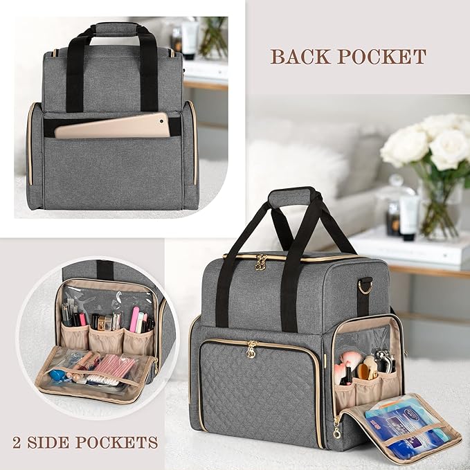 LUXJA Large Travel Makeup Bag with 3 Removable Makeup Cases, Gray