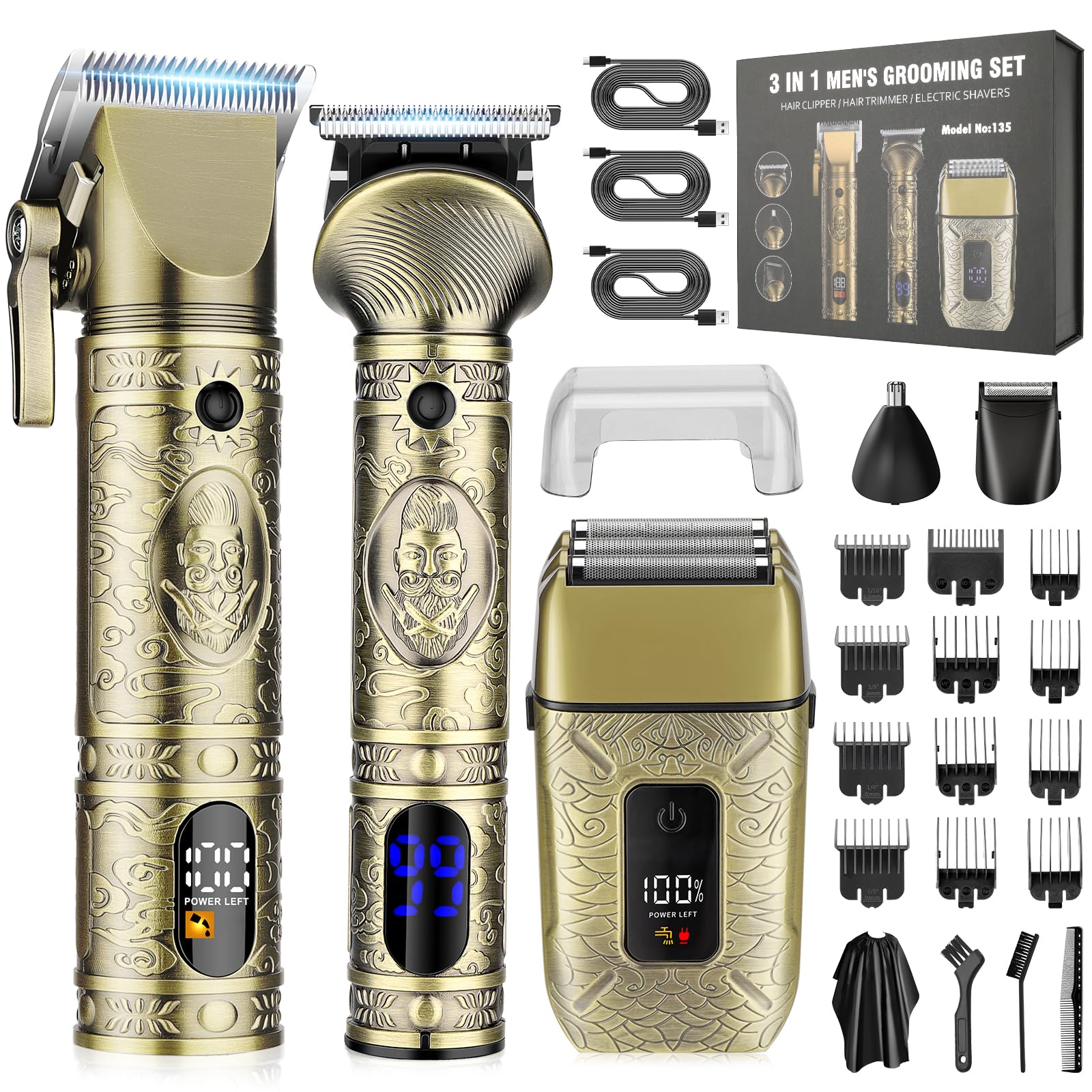 RESUXI Professional Hair Clippers for Men Electric Razor Shavers Nose Hair Trimmer and Detail Trimmer 5 Pcs Set，Cordless Beard Trimmer Barber Clippers for Hair Cutting Mens Grooming Kit