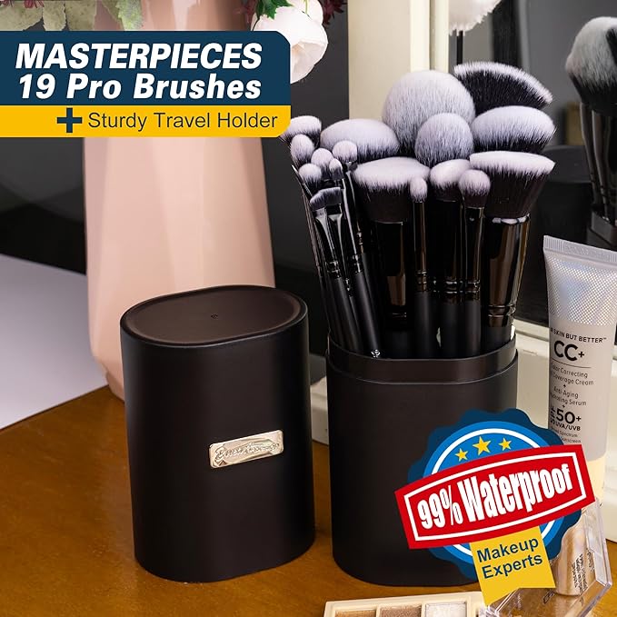 Bueart Design 19Pcs Ultra Soft Black Labeled Dense Hair Makeup Brushes Set