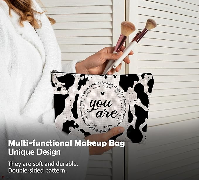 QGFM Western Cow Print Makeup Bag - Christian Inspirational Gifts Cosmetic Bags With Zipper