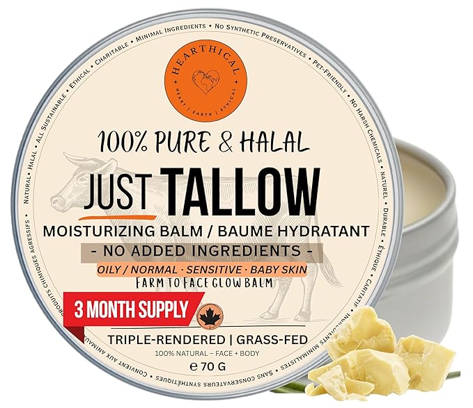 Hearthical JUST Tallow - No Added Ingredient - 70 g Halal Grass Fed Beef Tallow For Skin - Organic Beef Tallow Moisturizer – Beef Tallow Face Moisturizer & Beef Tallow Balm For Face – Unscented