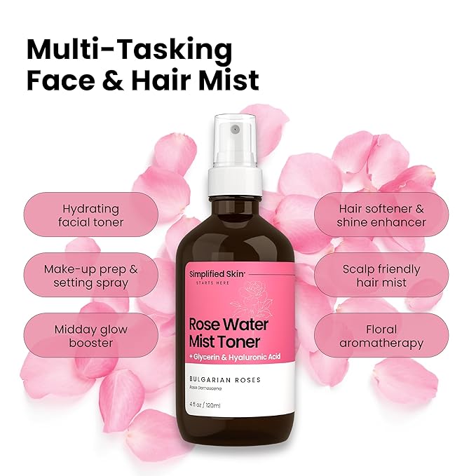 Simplified Skin Rosewater and Glycerin Spray for Face & Hair, Mist Toner