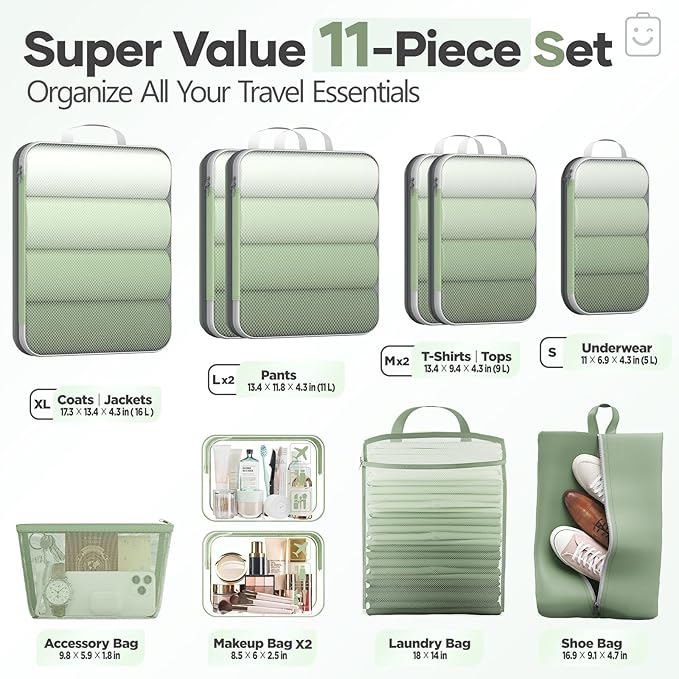 Veken 11 Set Compression Packing Cubes Garment Bags for Travel Essentials,Compressible Expandable Luggage Organizer Bags for Clothing,Space Saver Bags with Over 1000 pcs of Mesh Holes(Matcha Green)