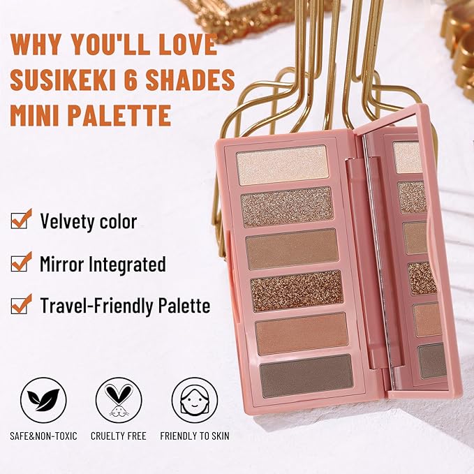 SUSIKEKI 6 Colors Mini Eyeshadow Makeup Palette Caramel & Bronzed Neutral Tone Eye Shadow Matte & Shimmer Nude Make Up Pallet with Mirror Blendable Highly Pigmented Travel Size Gift Kit 05