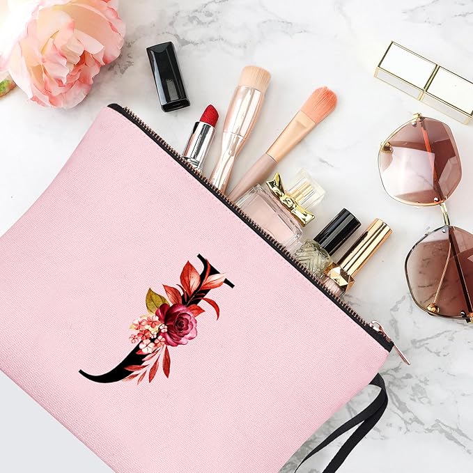 Vavabox A-Z Personalized Makeup Bag, Birthday Gifts for Women Mom, Gifts for Best Friend, Bride Bridesmaid Cosmetic bag (J, 06-Pink)