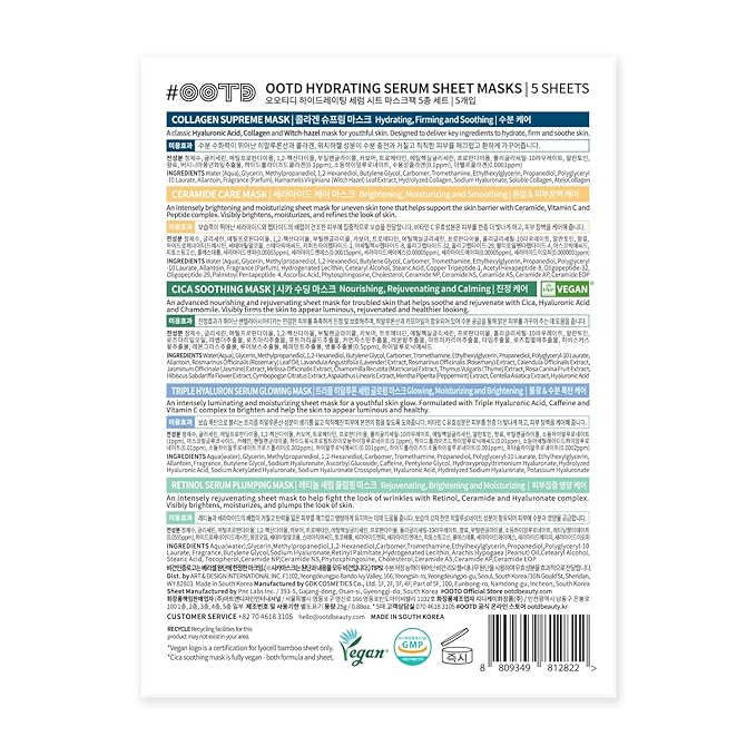 #OOTD Sheet Mask Kit with Collagen,Cica,Ceramide,Vitamin C,Retinol(5-Pack)
