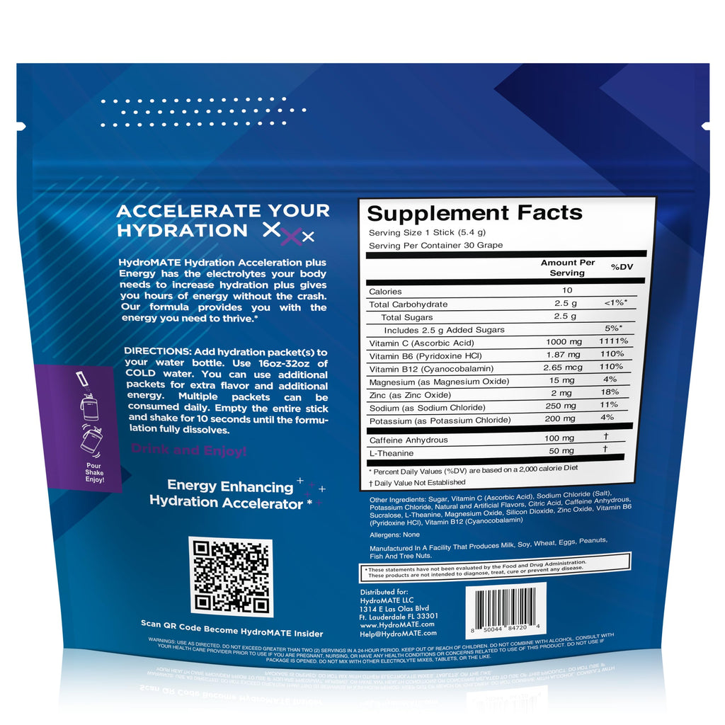 HydroMATE Electrolytes Powder Drink Mix Packets Hydration Accelerator Low Sugar Rapid Party Relief Recovery Vitamin C Plus Caffeine Grape 16 Count