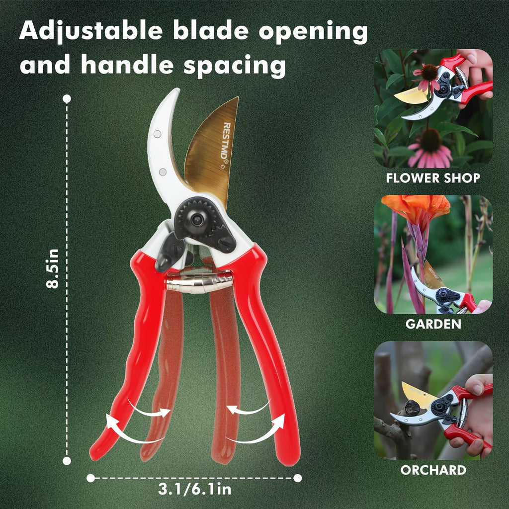 RESTMO Pruning Shears, 8.6 Inch, Titanium Blade, Bypass, Red