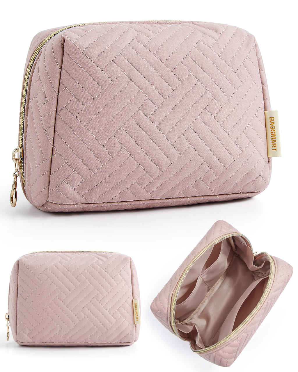 BAGSMART Small Makeup Bag, Compact Cosmetic Pouch for Women for Purse, Travel Toiletry Organizer with Wide Open Design, Pink