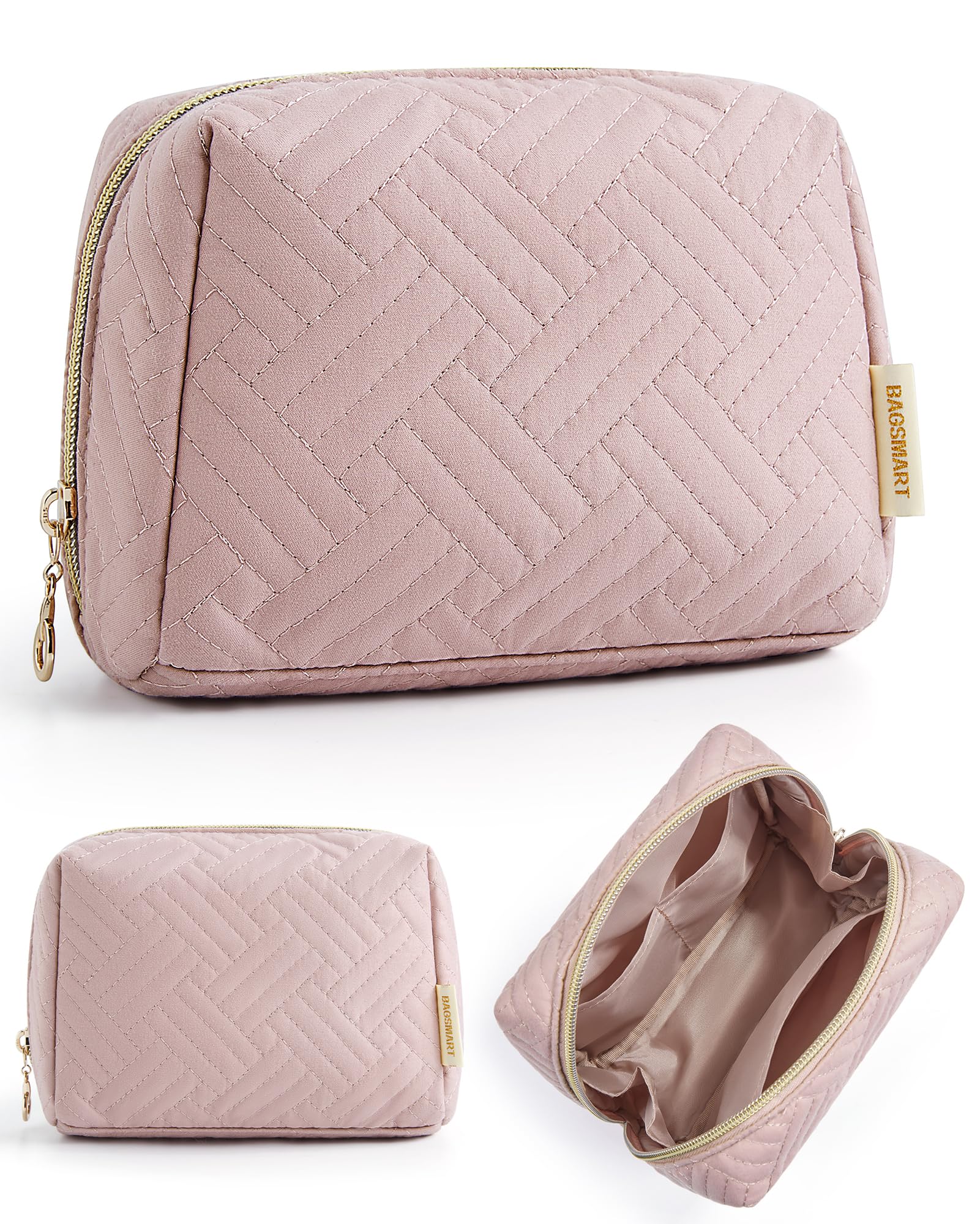 BAGSMART Small Makeup Bag, Compact Cosmetic Pouch for Women for Purse, Travel Toiletry Organizer with Wide Open Design, Pink