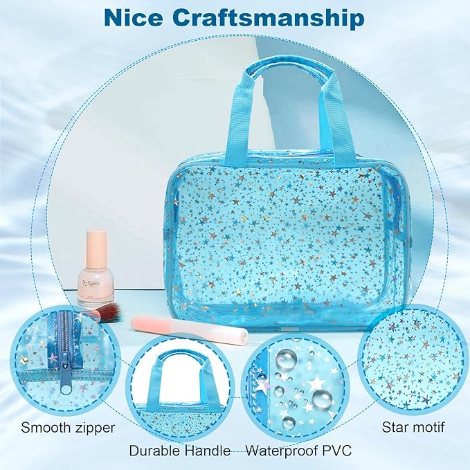 Junesters Clear Blue Star Large Makeup Bag with Star Pattern 12x5x8 inch, Travel Cosmetic Bag with Handle, Durable PVC Material Washbag Zipper Opening Design for Makeup Travel Organizer or Gym Use