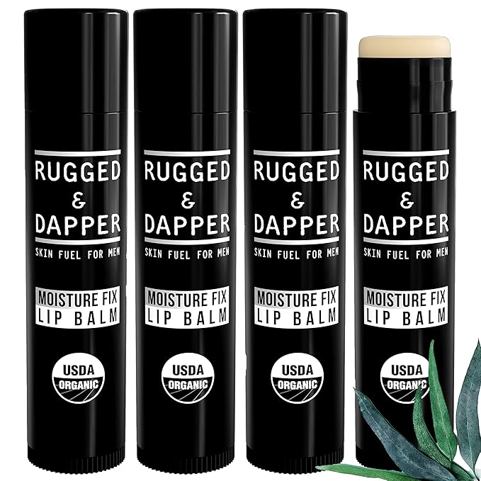 RUGGED & DAPPER Lip Balm for Men - Certified Organic + Natural Ingredients - 4 Pack - Hydrating Mens Chapstick -