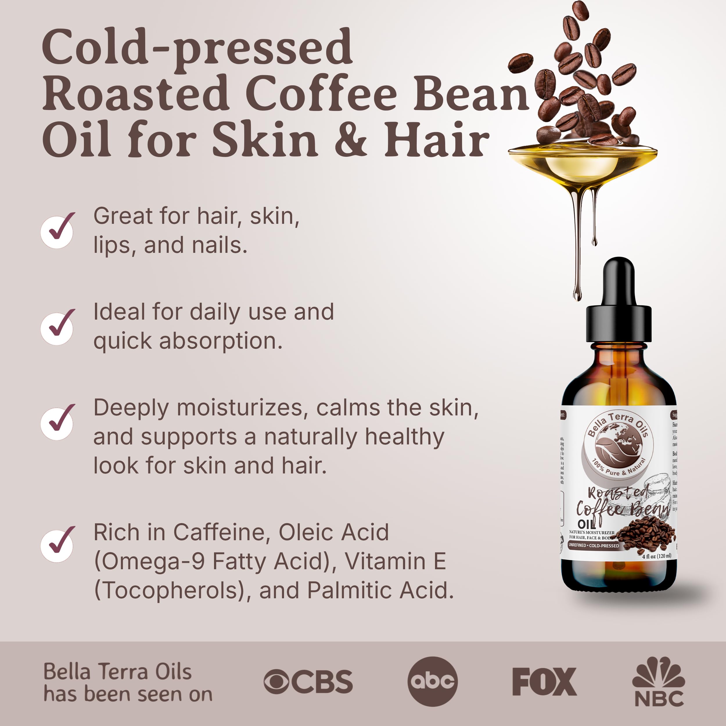 Bella Terra Oils – Roasted Bean Oil 8 oz – Pure Extract from Roasted Seeds, Enriched with Fatty Acids, An Elixir for Skin