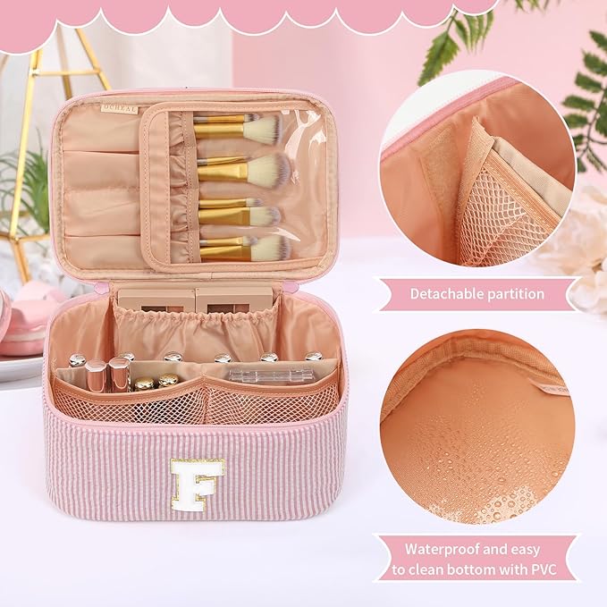 OCHEAL Makeup Bag for Women, Monogram Cosmetic Bag with Brush Holder, Pink Travel Makeup Case Beauty Toiletry Bag Organizer Personalized Gifts for Girls Bridesmaid, Sister, Wife, Friends Initial F