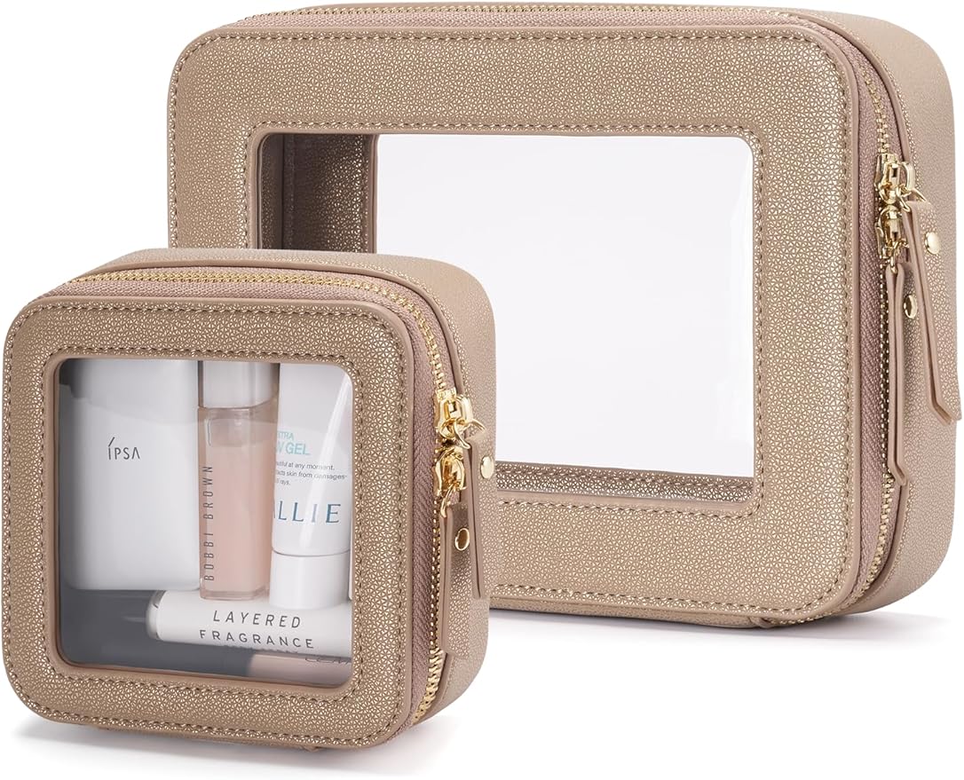 Popvibe Clear Makeup Case Toiletry Bag Travel Medium Clear Cosmetic Bag with Zipper, Make Up Bag Organizer Traveling TSA Approved Transparent Bag Car for Essentials, Mini & Medium, Gold