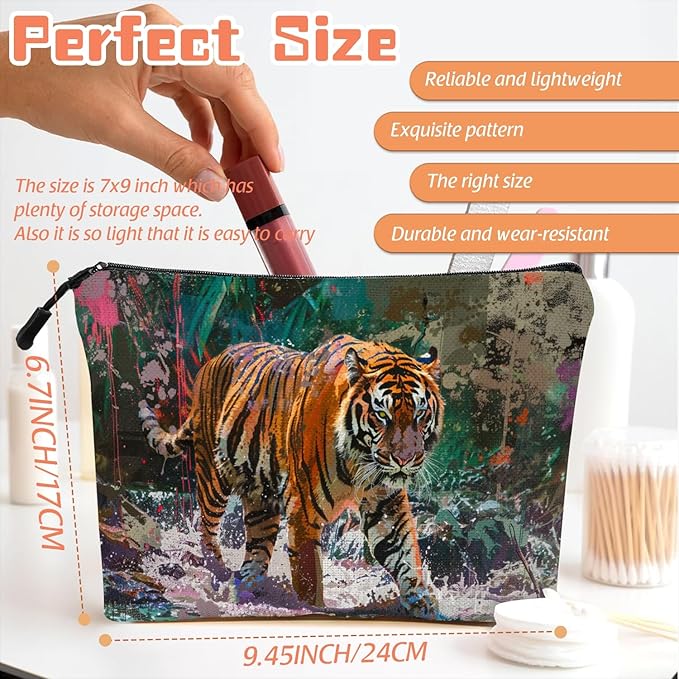 Scribesense Cosmetic Bags Travel Makeup Toilet Case Waterproof Pouch for Women Girls 6.7X9.45inches - Artistic Tiger Walking Through A Splash - Filled Jungle