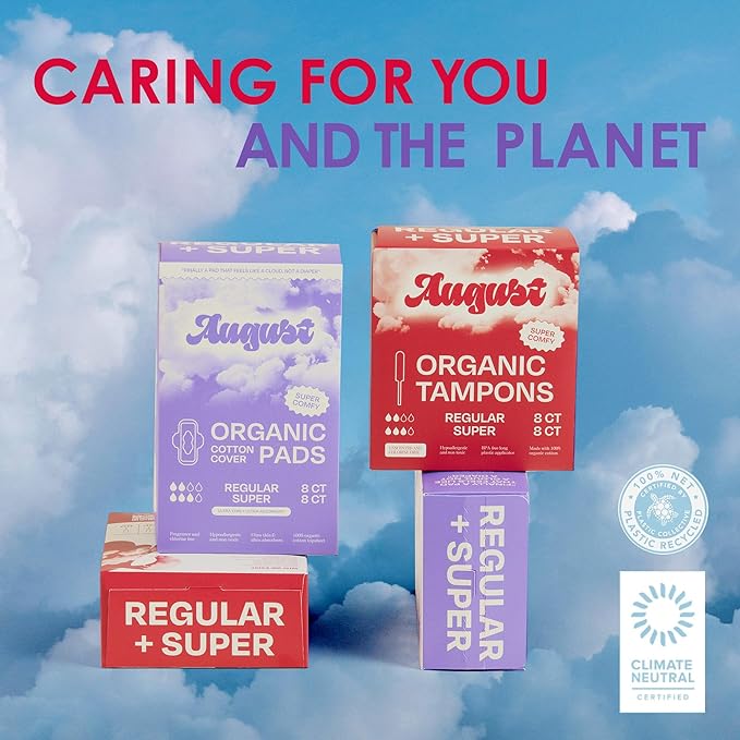 August Organic Pads for Women, 36-Pack Regular Organic Pads with Wings
