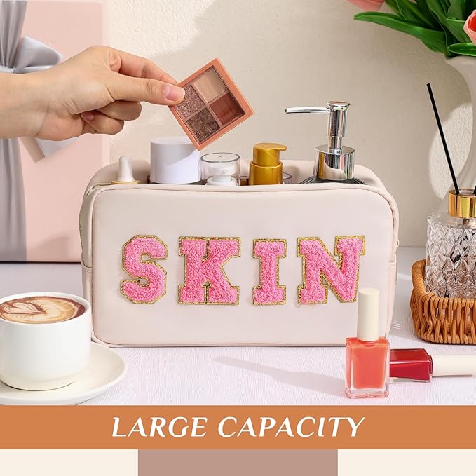Remerry 4 Pcs Nylon Makeup Bags Waterproof Spacious Travel Cosmetic Bag for Women Chenille Letter Preppy Zipper Pouch Face Stuff Skin Hair Organizer Gift(Gentle White)