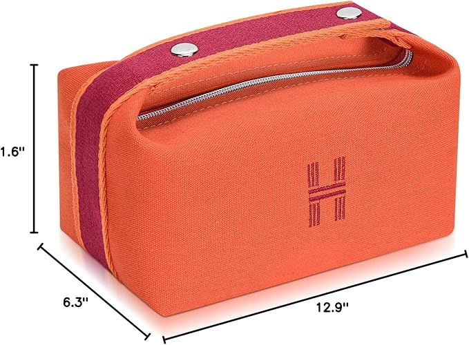 Sluxa Fashion Makeup Bag for Women, Orange Red Canvas Make up Travel Bag,Luxury Cosmetic Bag Organizer for Women(Full updated)