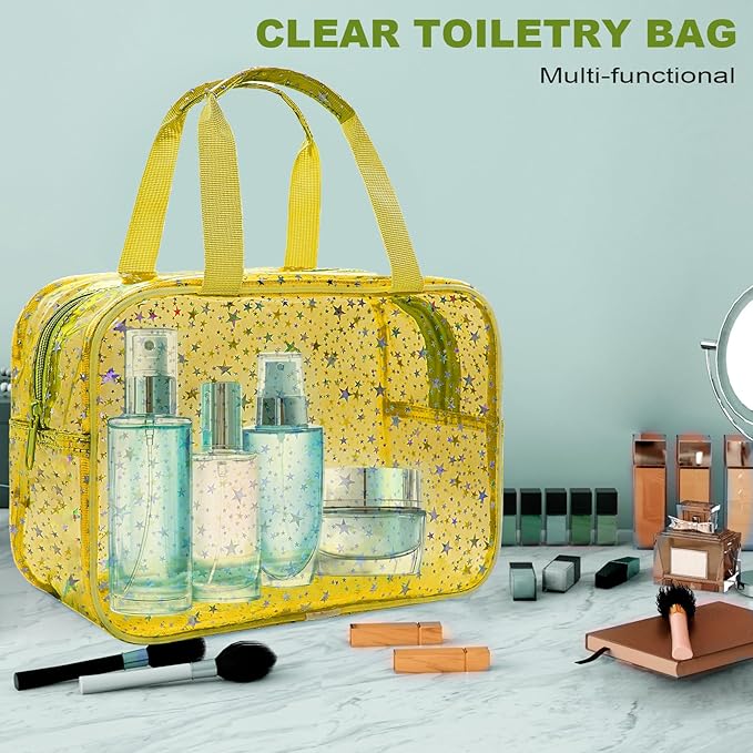 Junesters Clear Yellow Star Large Makeup Bag with Star Pattern 12x5x8 inch, Travel Cosmetic Bag with Handle, Durable PVC Material Washbag Zipper Opening Design for Makeup Travel Organizer or Gym Use