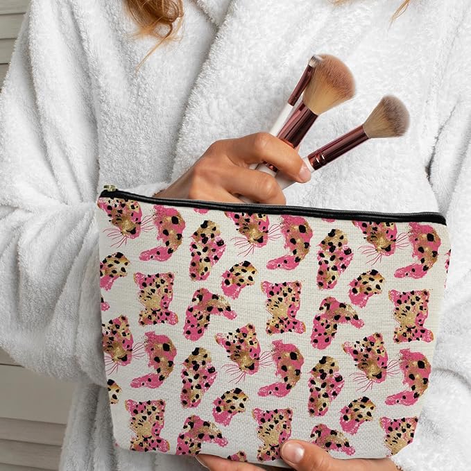 SAFDSGFDB Pink and Gold Cheetah Makeup Bag, Preppy Girly Leopard Print Cosmetic Bags Gifts for Women, Funky Y2k Cheetah Portable Travel Toiletry Bag Zipper Makeup Pouch