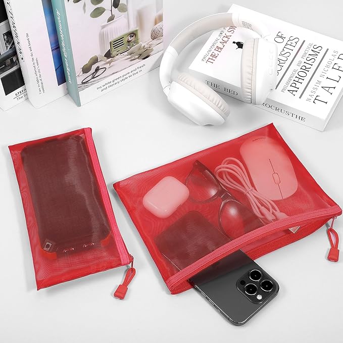 Sinzip 12 Pieces Zipper Nylon Mesh Pouch, Mesh Cosmetic Bags Makeup Bags Pencil Case, Multipurpose Travel Bags for Cosmetic School Office Supplies and Travel Accessories (Red, A5+B6)