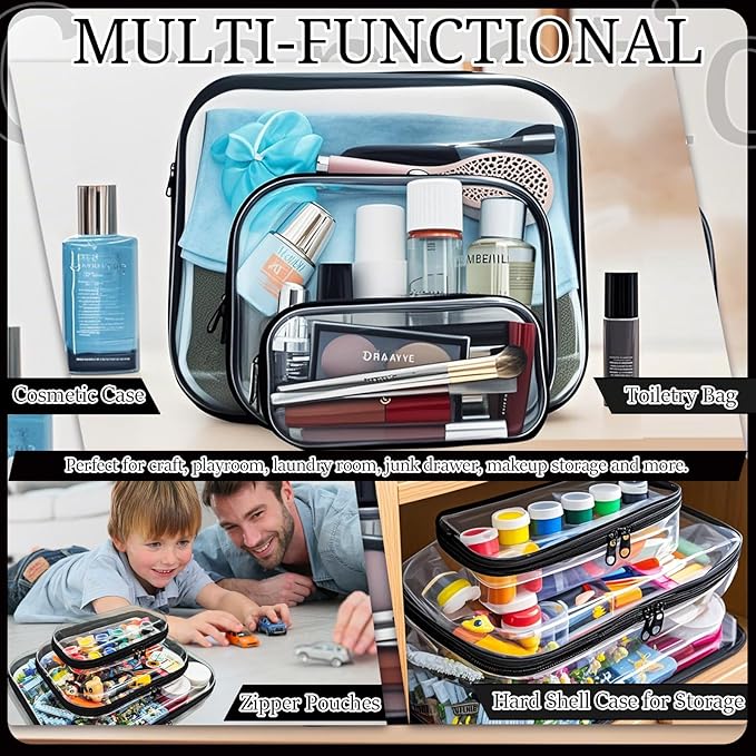 YOQIVEXU 3 Pcs Clear Hard Zipper Case, Hard Shell Plastic Clear Organizer Bag, Transparent Makeup Pouches, Portable Box for Travel Toiletries, Toy Storage Bins (Black, Multi)