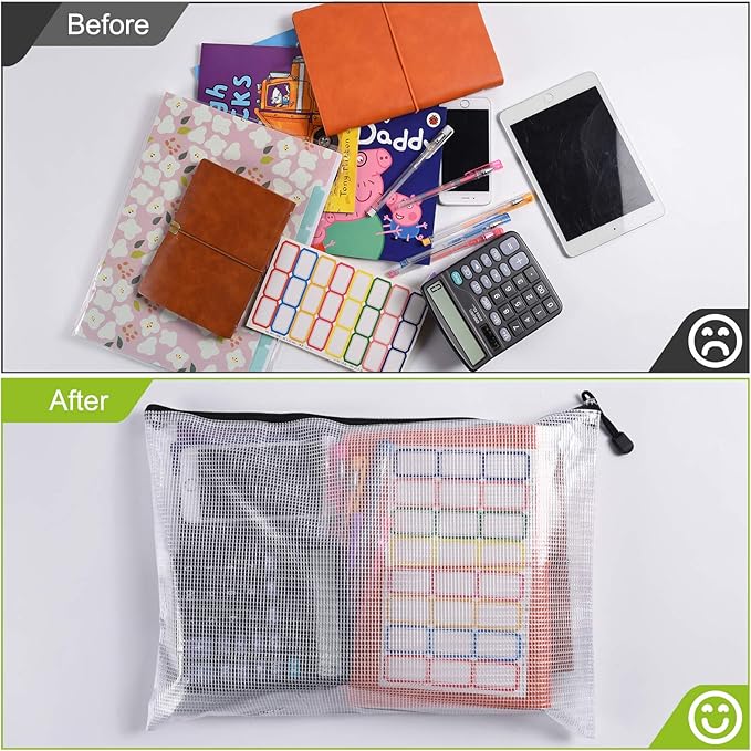 12PCS Mesh Zipper Pouch Bags: A3 Clear Zipper Pouches for Classroom, Black