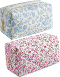 HHQQWZ Makeup Bag Travel Cosmetic Bag for Women Girls, Zipper Make Up Pouch, Floral Flowers Toiletry Organizer Makeup, Portable Storage Cosmetic Travel Cloth Bag (Blue Floral+Flower-Red)