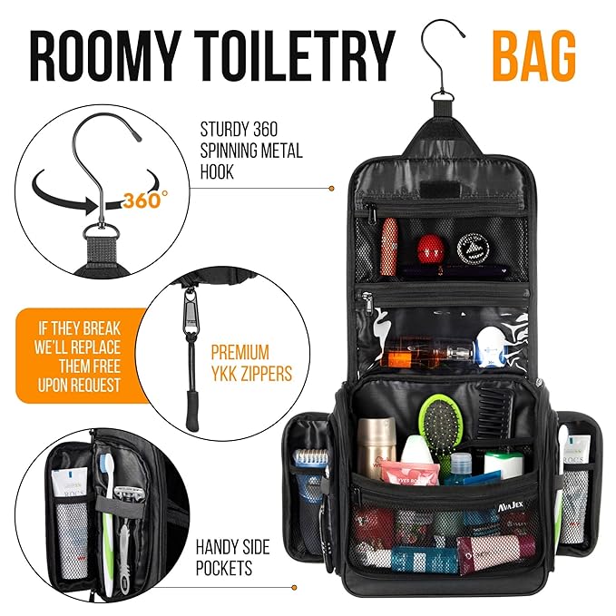 AvaJex Travel Toiletry Bag for Men - Large Dopp Kit (10.6"x10.6"x3.2") - Hanging Waterproof Mens Hygiene Organizer Bag with XXL Metal Swivel Hook, Sturdy Zippers and 19 Compartments for Toiletries