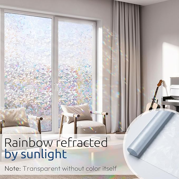 rabbitgoo Rainbow Window Privacy Film, Stained Glass Cling, 17.5" x 118.1"
