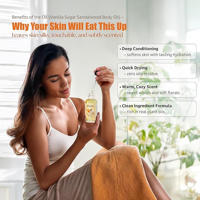 Soothing House Vanilla Sugar Sandalwood Body & Hair Oil – Inspired Warm Gourmand Scent – Hydrating & Nourishing Oil for Skin, Hair & Cuticles – Lightweight, Fast-Absorbing, 4 fl oz