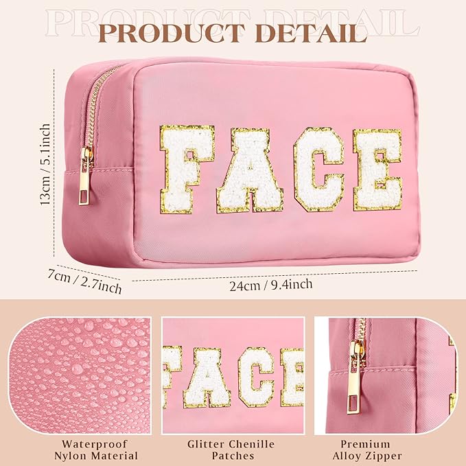 Cunno Preppy Makeup Bags Chenille Letter Stuff Bag Nylon Cosmetic Pouch Cases with Zipper for Women Travel Toiletry(Multi Colors,Classic,4 Pcs)