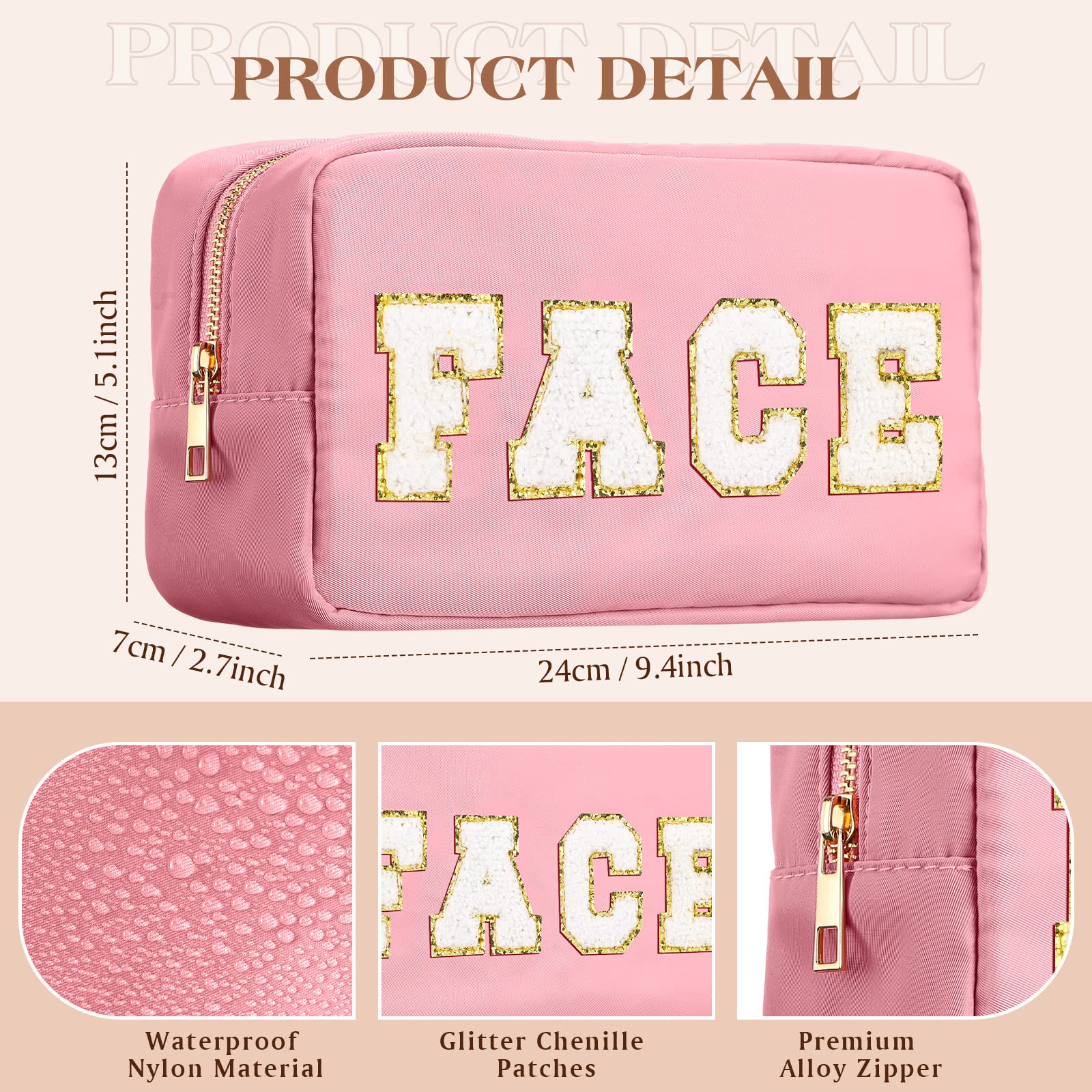 Cunno Preppy Makeup Bags Chenille Letter Stuff Bag Nylon Cosmetic Pouch Cases with Zipper for Women Travel Toiletry(Multi Colors,Classic,4 Pcs)