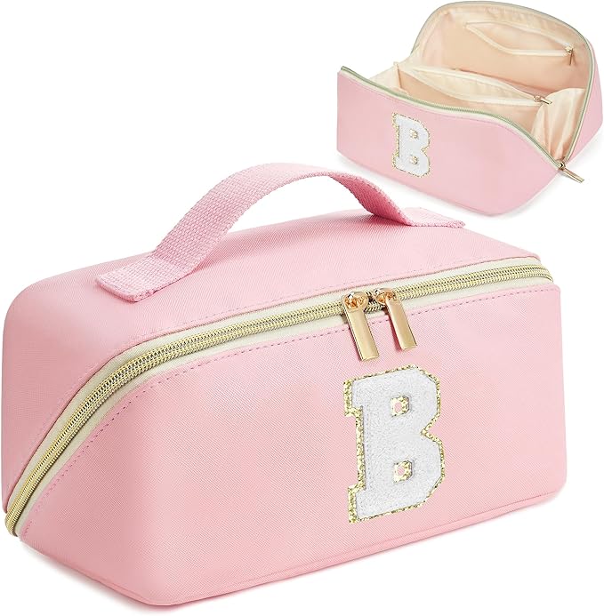 for Valentines Day Gifts, Makeup Bag for Women, PU Leather Travel Toiletry Bags, Initial Make Up Cosmetic Pouch for Teen Girls, Wide Open Portable Skincare Bag, Personalized Birthday Gifts, Pink B