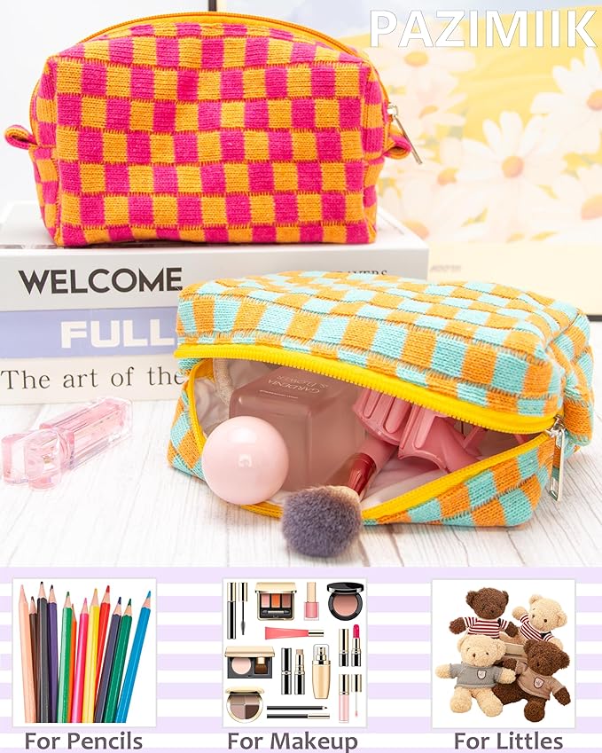 Checkered Makeup Bag for Purse, Small Cosmetic Pouch,Orange Green,6 Pack