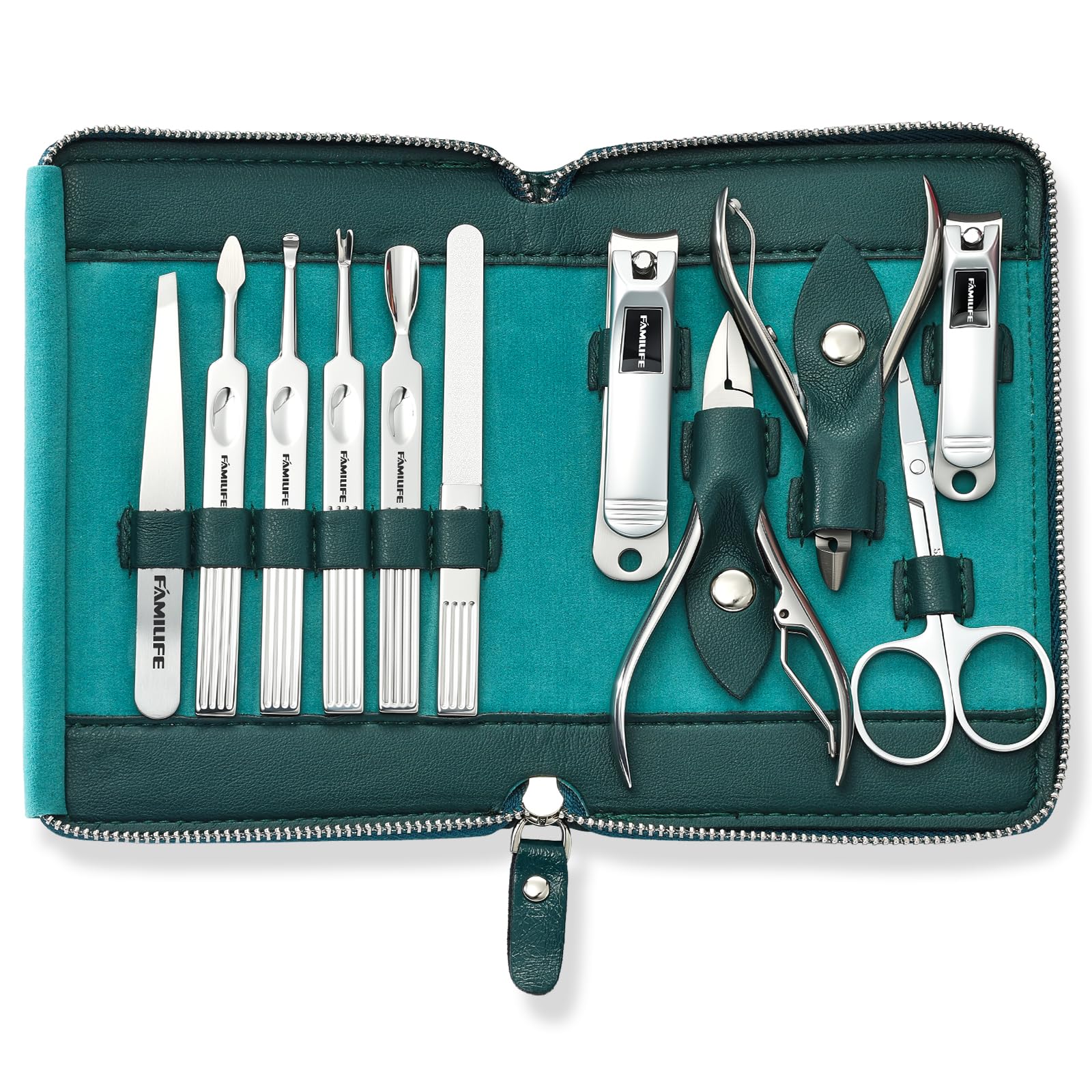 FAMILIFE Nail Kit, Professional Manicure Set Manicure Kit, 11 in 1 Stainless Steel Nail Clippers Set Pedicure Tools, Men Grooming Tool with Portable Blue Leather Travel Case Luxury Gifts for Him