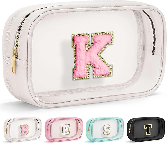 YOOLIFE Initial Birthday Gifts for Girls Kids Travel Toiletry Bag Birthday Gifts for Girls Kids Clear Makeup Bag Preppy Cosmetic Bag Birthday Gifts for 3 4 5 6 7 8 9 10 11 12 13 Year Old Girls White K