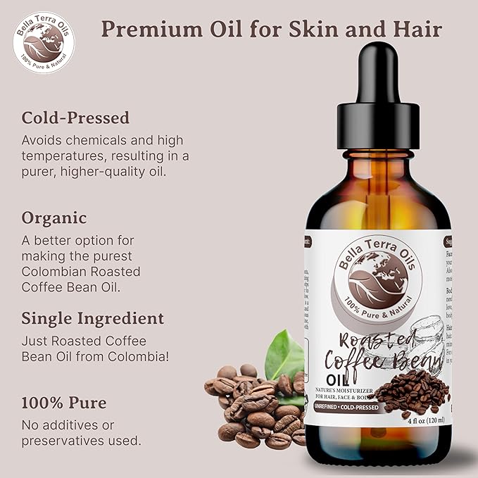 Bella Terra Oils Roasted Coffee Bean Oil for Skin and Hair – 1gallon, Cold Pressed Carrier Oil, Hydrating, Nourishing, Fast Absorbing