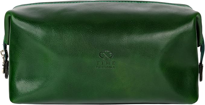 Time Resistance Leather Toiletry Bag - Italian Cosmetic Case Dopp Kit (Green)