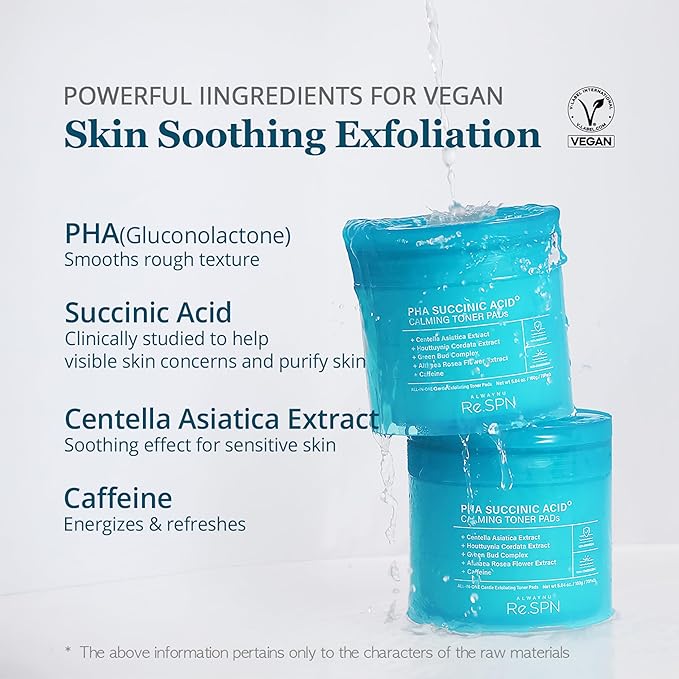Re.SPN PHA Succinic Acid Calming Toner Pads – Daily Exfoliating Pads for Face, Hydrating and Soothing with Cica, Caffeine, Pore Minimizer, Non-comedogenic, Vegan, Glass Skin, K-Beauty (70 Count)