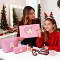 2 PCS Initial Makeup Bags for Women: Cosmetic Bag for Travel Toiletry - Birthday Gifts for 11 12 13 14 15 16 17 18 Years Old Girl Graduation Teacher Gift- Teen Girl Gifts Trendy Stuff - Pink H