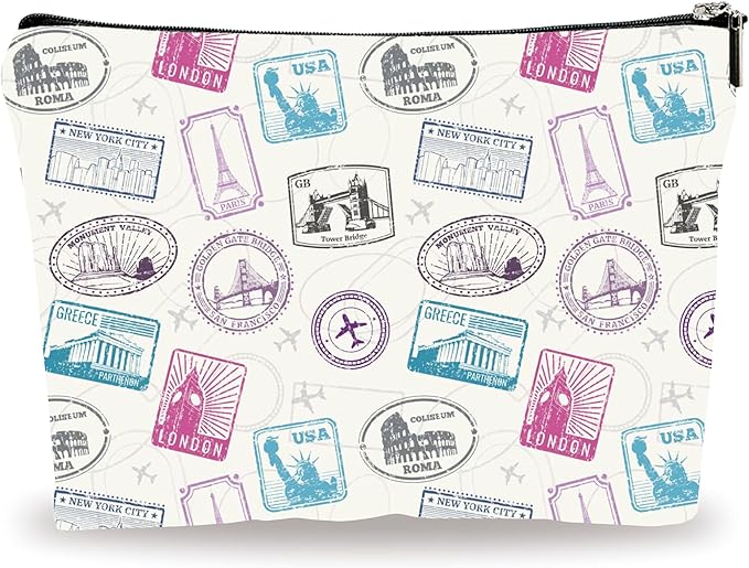 YKYENR Full Print Makeup Bag - Travel Stamps Theme - Waterproof Cosmetic Bag, Toiletry Bag, Gift For Girls, Besties, Personal Care & Accessories - A22
