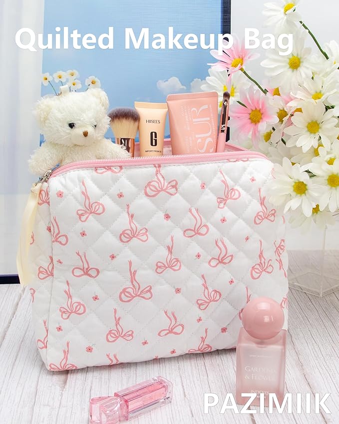 Quilted Makeup Pouch for Women, Travel Cosmetic&Toiletry Bag,Bow Rose